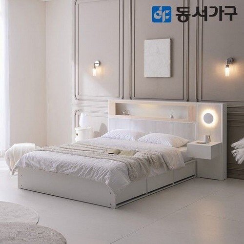 동서가구 미휴컴포트 편백 수납 LED침대 Q+협탁